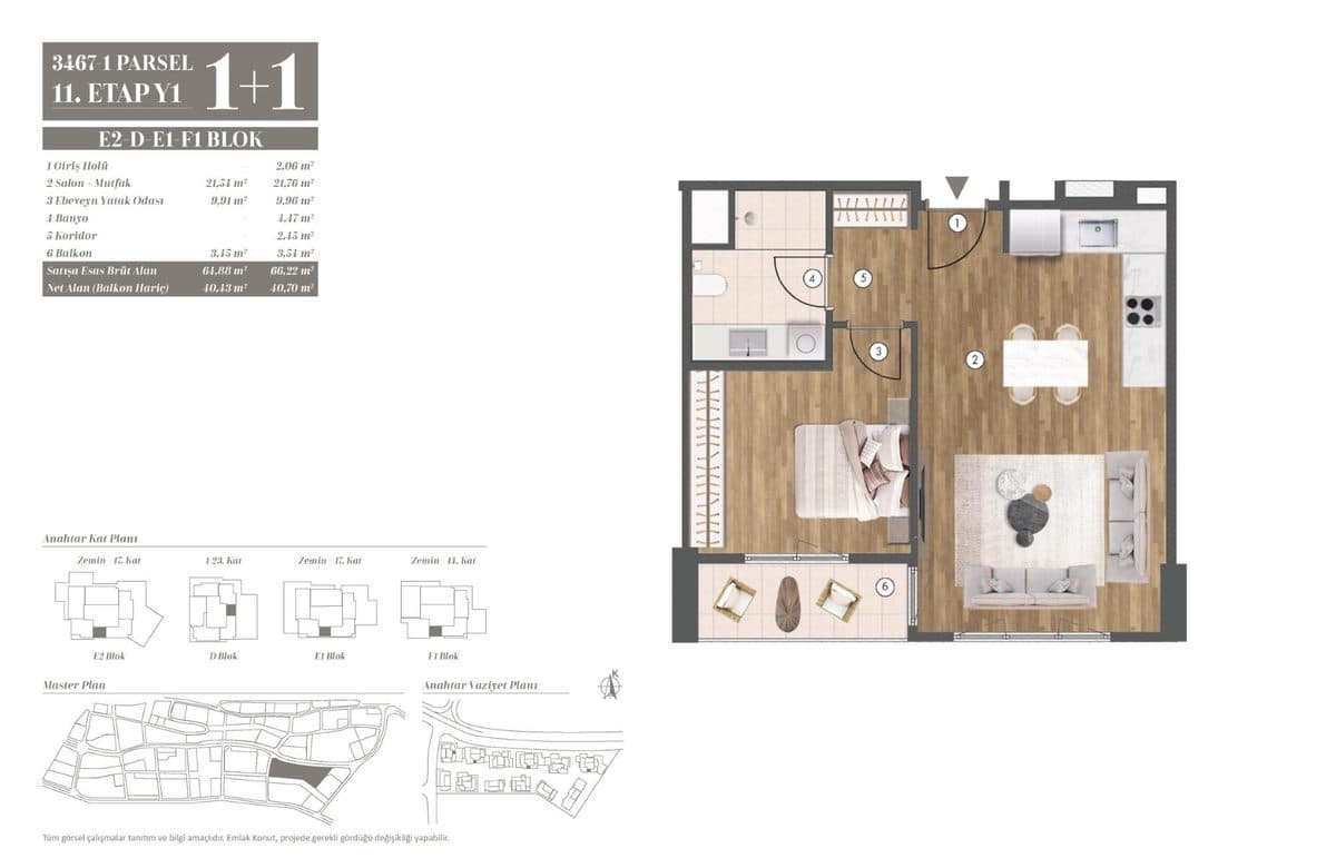 11. Etap kat planları — E2-D-E1-F1 Blok 1+1