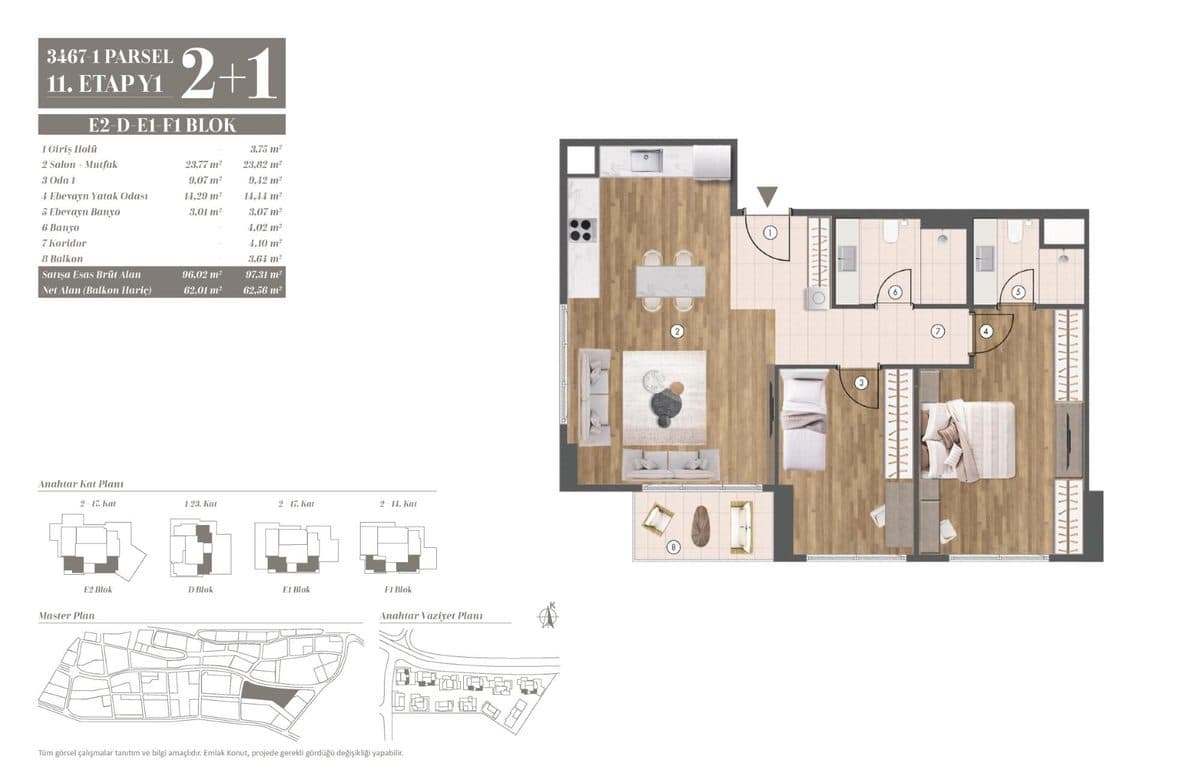 11. Etap kat planları — E2-D-E1-F1 Blok 2+1