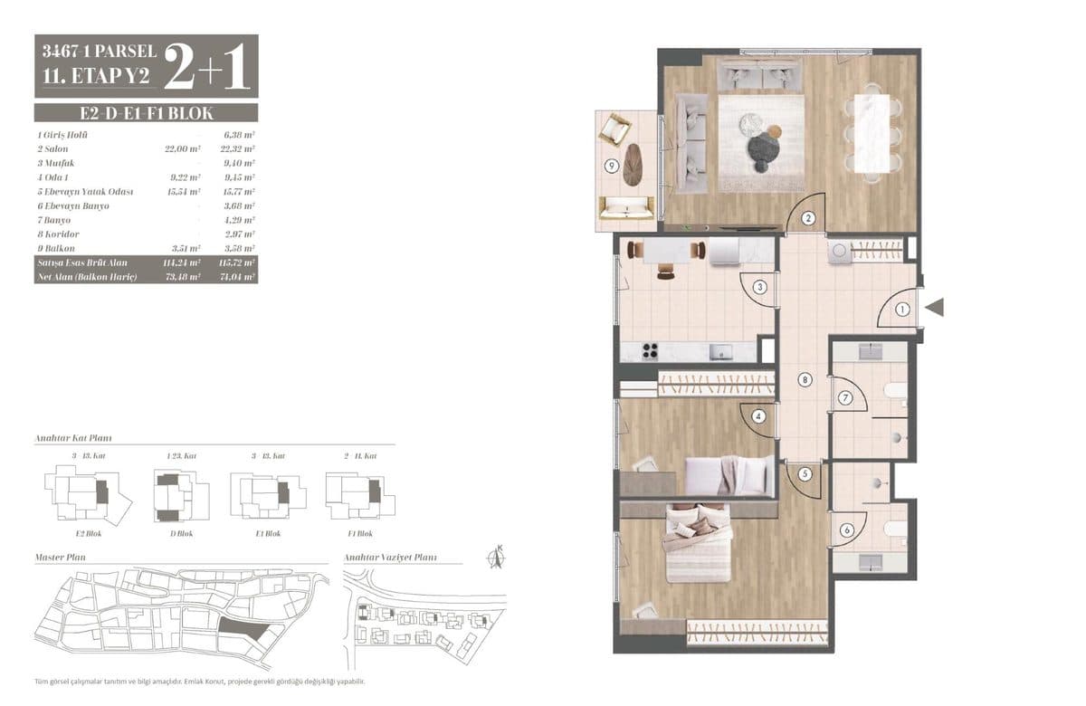 11. Etap kat planları — E2-D-E1-F1 Blok 2+1