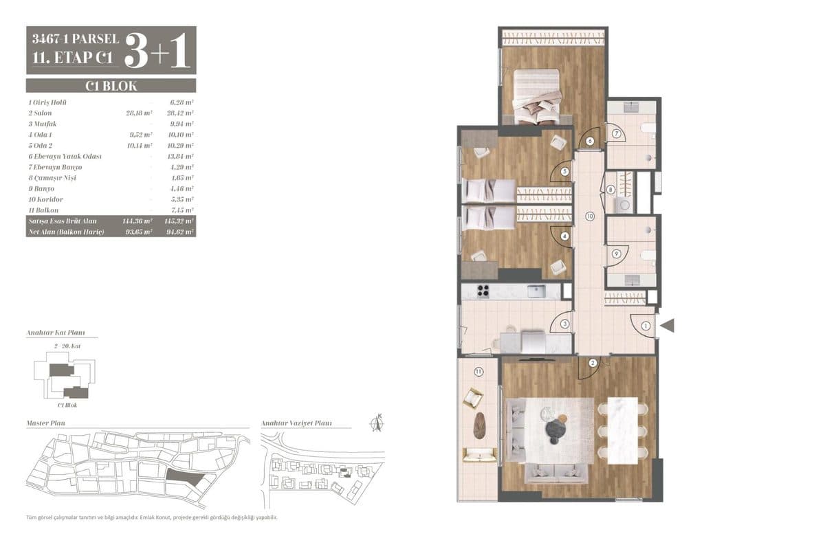 11. Etap kat planları — C1 Blok 3+1
