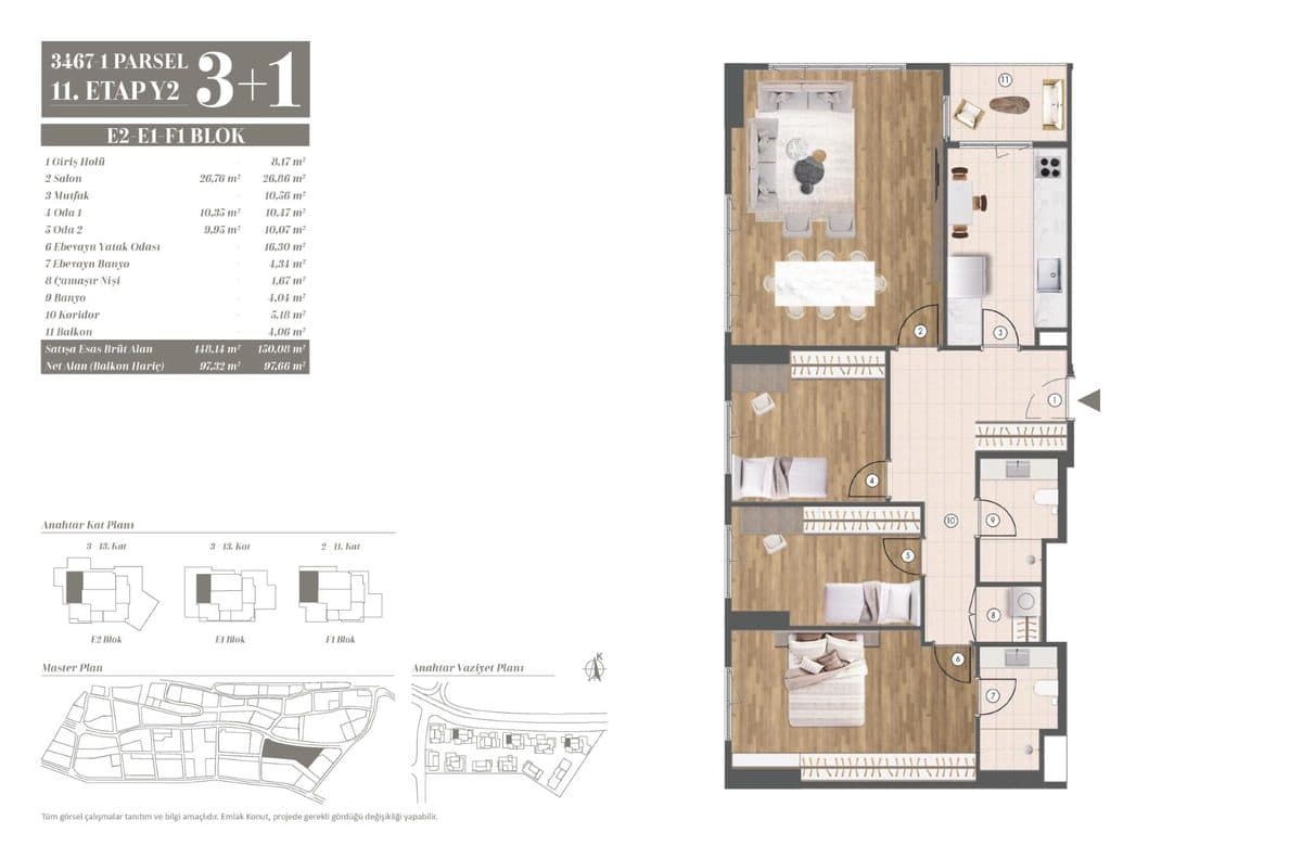 11. Etap kat planları — E1-E2-F1 Blok 3+1