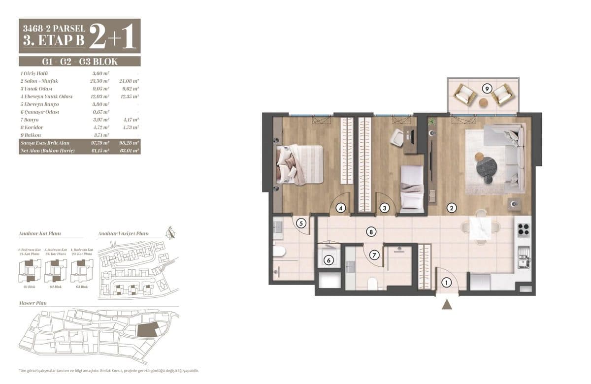 3. Etap kat planları — G1-G2-G3 Blok 2+1