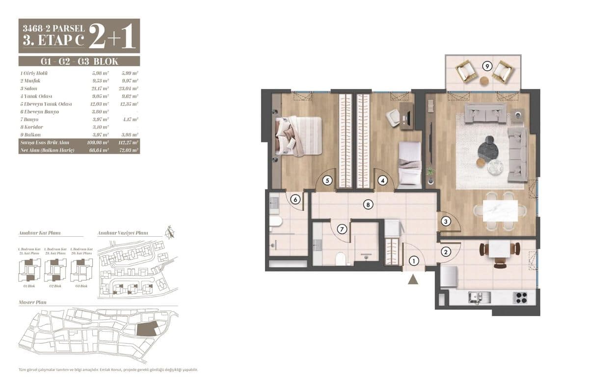 3. Etap kat planları — G1-G2-G3 Blok 2+1