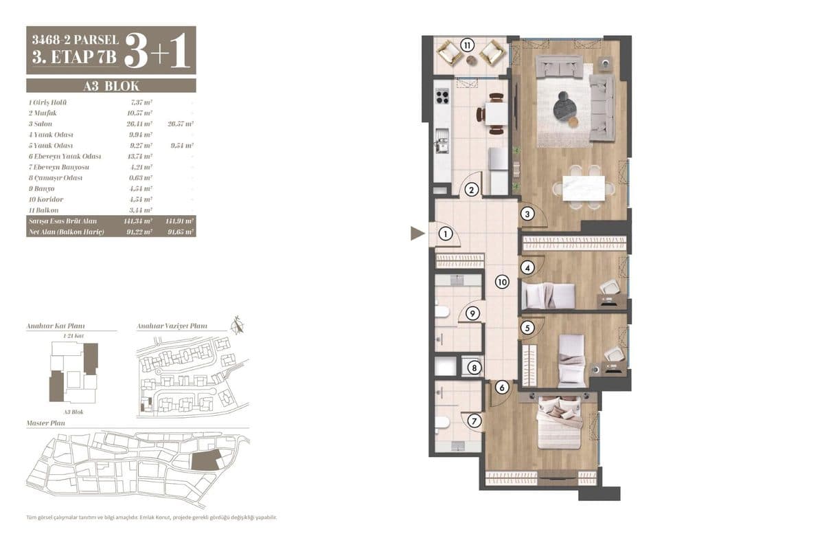 3. Etap kat planları — A3 Blok 3+1