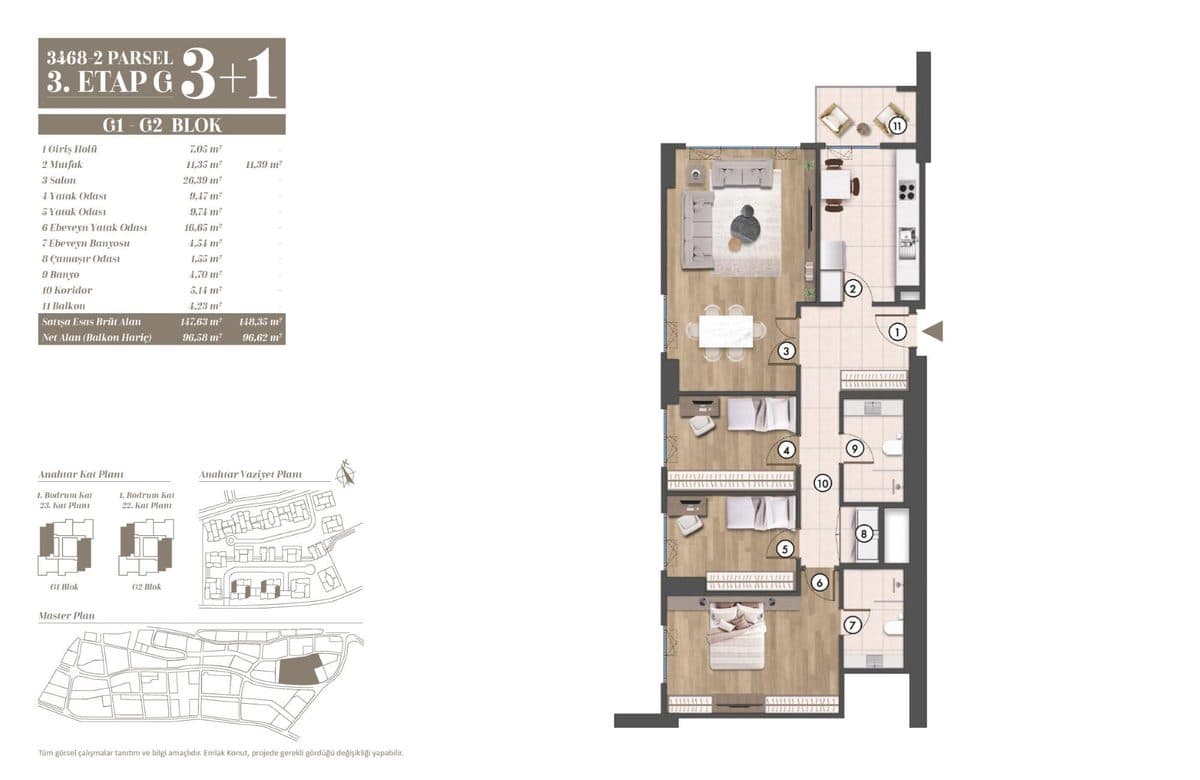 3. Etap kat planları — G1-G2 Blok
