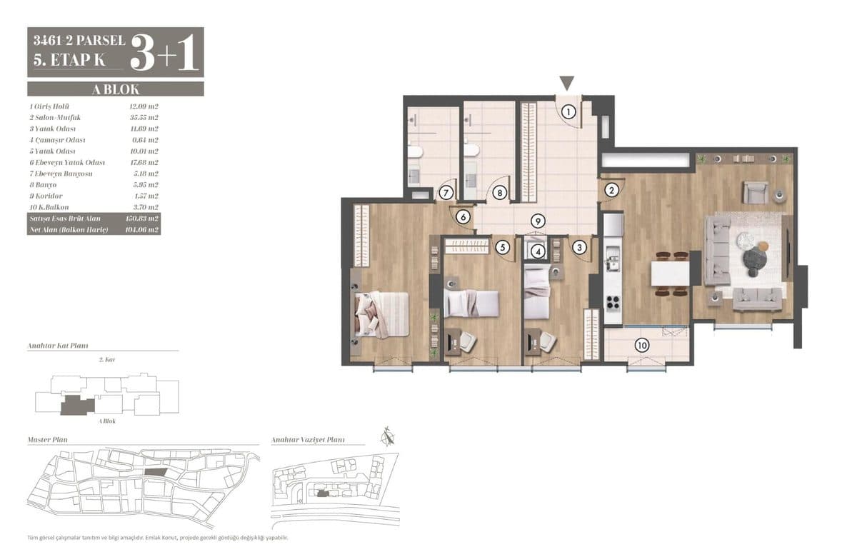 5. Etap kat planları — A Blok 3+1