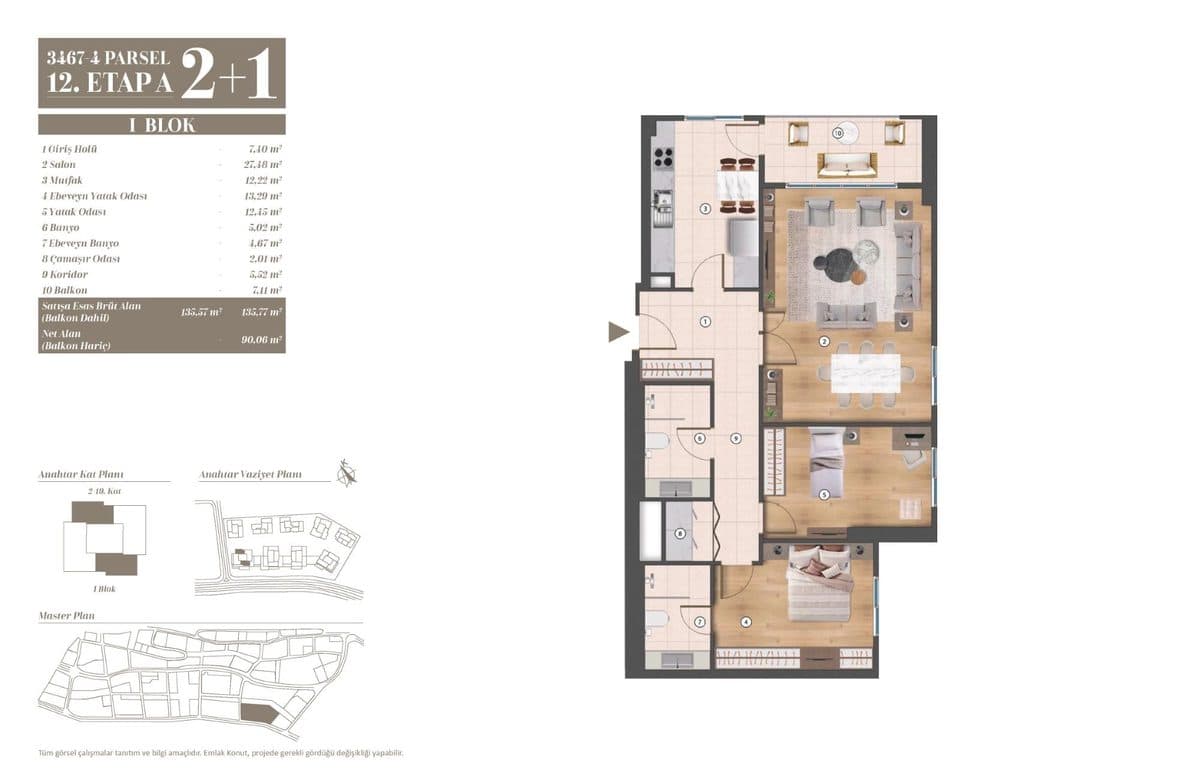 12. Etap kat planları — I Blok 2+1