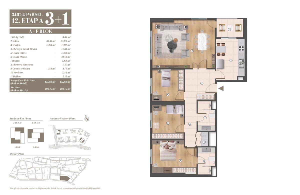 12. Etap kat planları — A-F Blok 3+1